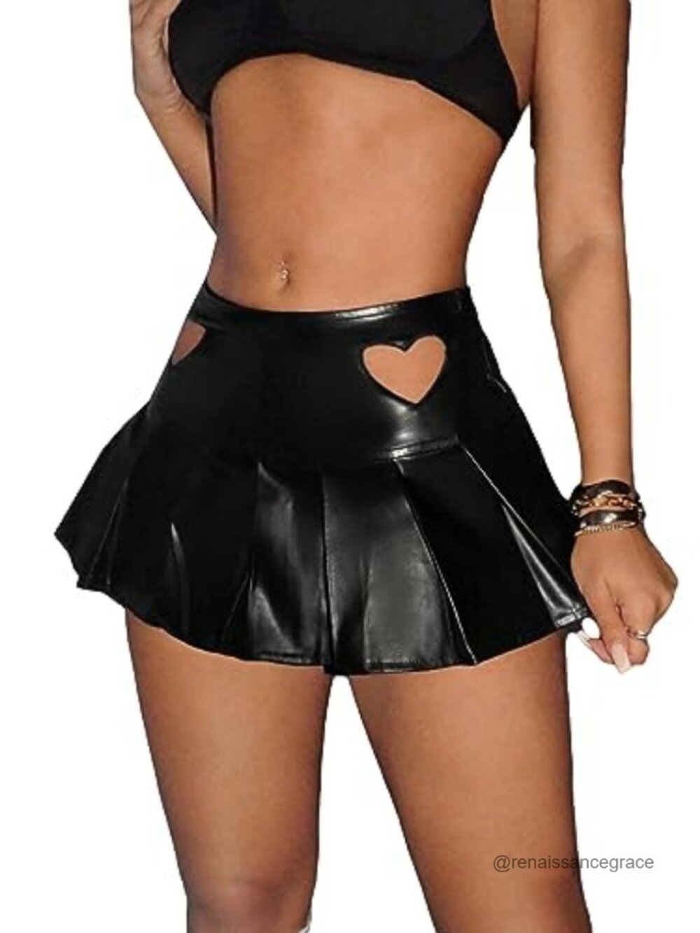 PU leather High Waist Heart Cut Out Pleated Stretchy Mini Party Skirt